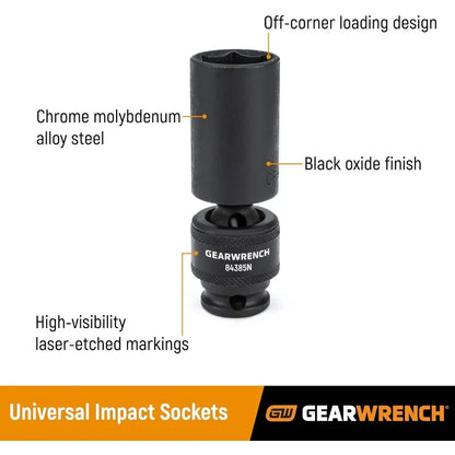 GEARWRENCH 10 Piece 3/8 Inch Drive 6 Pt. Deep Universal Impact Socket Set, Metric