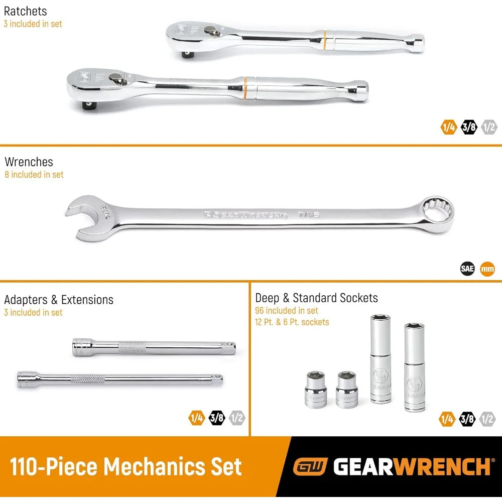 GEARWRENCH 110 Pc. 1/4", 3/8" & 1/2" Drive 6 & 12 Pt. Mechanics Tool Set, Standard & Deep, SAE/Metric