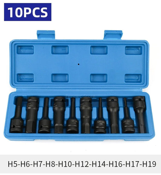 10 PCS Impact Hex Driver Bit Set 1/2" Drive Allen Bit Socket Set H-type Sleeve Bit Head Air Cannon Screwdriver H4-H19