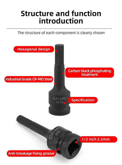 10 PCS Impact Hex Driver Bit Set 1/2" Drive Allen Bit Socket Set H-type Sleeve Bit Head Air Cannon Screwdriver H4-H19