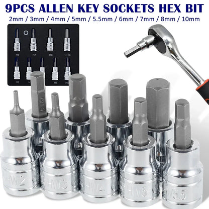 9Pcs Hex Bit Socket Set Allen Key Sockets 3/8inch Drive Drill Metric Set Size 2mm-10mm