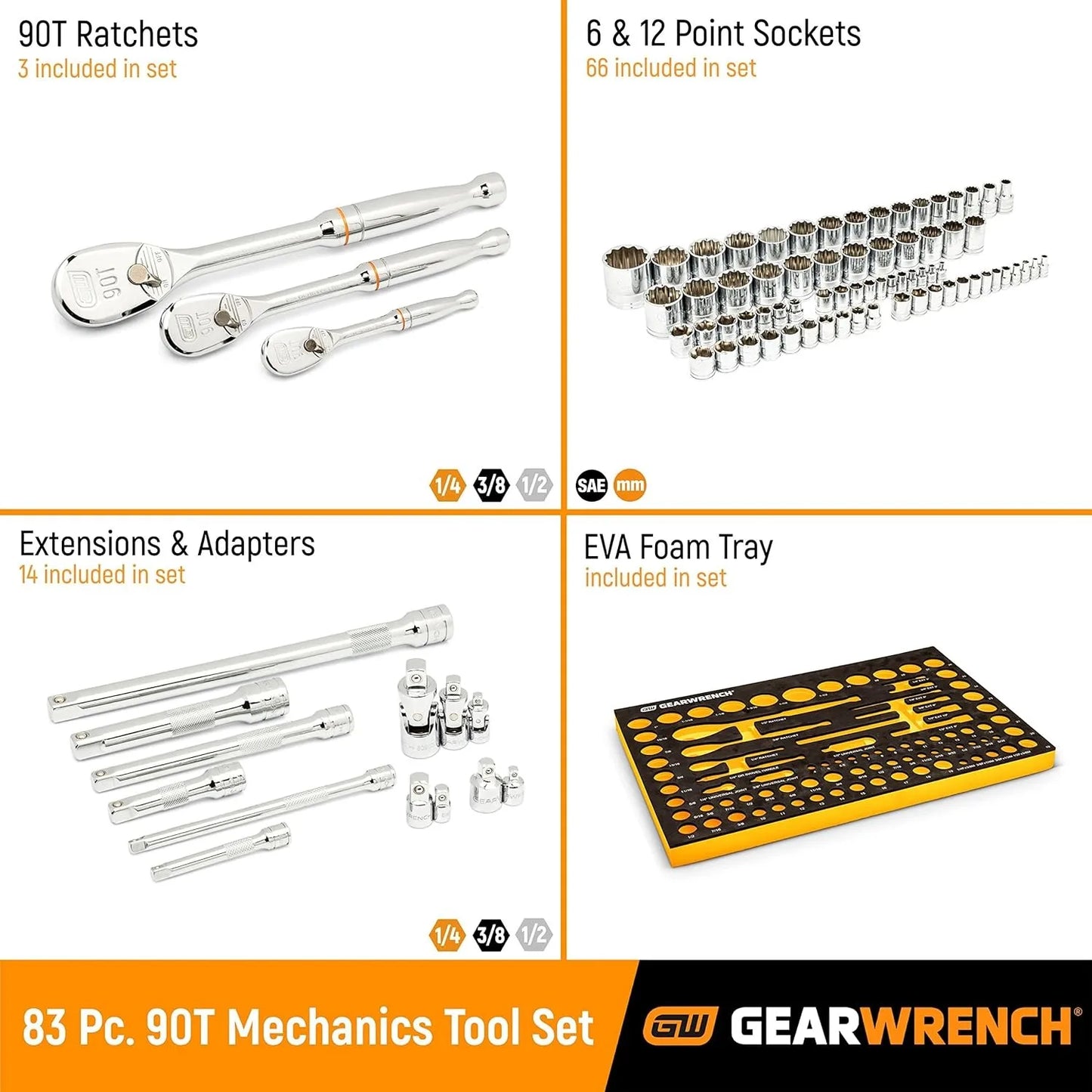 GEARWRENCH 83 Pc. 1/4, 3/8", 1/2" 90-Tooth SAE/Metric Mechanics Tool Set with EVA Foam Tray
